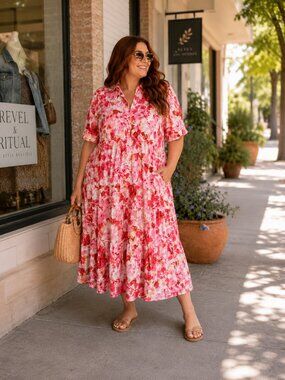 Pink Floral Tiered Midi Shirt Dress with Pockets Women’s 2XL